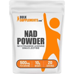 BulkSupplements.com NAD Powder - Nicotinamide Adenine Dinucleotide, NAD Supplement 500mg - for Energy Support, Pure & Gluten Free, 500mg per Serving, 10g (0.35 oz) (Pack of 1)