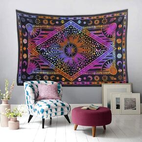 raajsee Burning Sun Purple Tapestry Bedroom Aesthetic- Zodiac Mandala Tarot Tapestry Wall Hanging – Indie Cotton Celestial Wall Décor Burning Sun Tapestries Trippy - Boho Tapestrys Hippie 52x60 inch