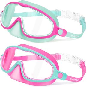 Vvinca 2 Pcs Kids-Swim-Goggles with Nose Cover, Swimming Diving Mask Wide View Anti Fog UV Anti Shattered Lens for Kids 3-15