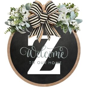 Last Name Welcome Sign for Front Door Porch Decor, Farmhouse Wreath Wall Decor Outside All Season, Φ30cm Round Wooden Hanging Housewarming Gift (H)