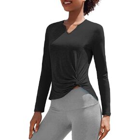 PINSPARK Womens Long Sleeve Shirts Workout Tops V Neck Twist Front Hiking Yoga Running Casual T-Shirt