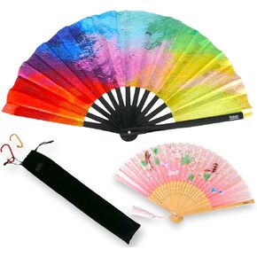 Handheld Folding Fan - Large Art Deco Bamboo Hand Fan - Thunderstorm - Portable, Foldable, Includes Holder Bag & Mini Fan - Cooling Accessory for Indoor Events