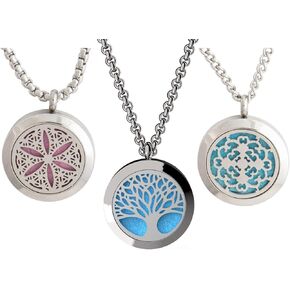 Wild Essentials Tree of Life, Flower of Life and Cross Essential Oil Diffuser Necklace Stainless Steel Locket Pendants with 24 inch Chains and 36 Refill Pads