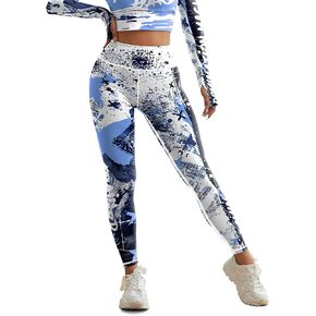 Women Sports High Waist Yoga Pants Graffiti Print Workout Leggings Color Block Tummy Control Running Workout Pants