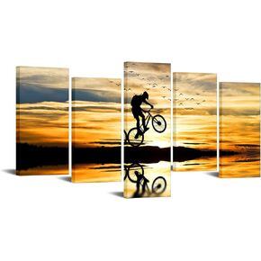 VVOVV Wall Decor Mountain Bike Wall Art Bike Art Prints Wall Decor Sunset Landscape Painting Framed Ready to Hang Large 5 Pieces