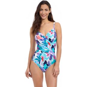 Profile by Gottex Holi Abstract Floral Print Women’s V-Neck Surplice One Piece Bathing Suit with Tummy Control Essential