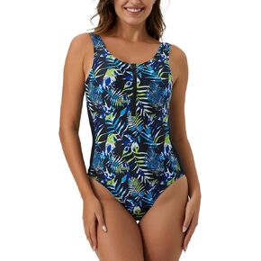 ECUPPER Women One Piece Tank Swimsuit Tummy Control Zipper Monokini Swimwear Vintage Floral Shaping Bathing Suit Built in Bra