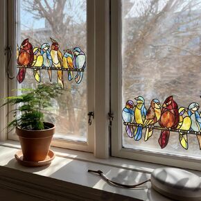 funlife Original Hand-Drawn Stained Glass Window Film, Double-Sided Static Cling Window Cling, Non-Adhesive Glass Windows Combos Decal Decor for Glass Door, Medium Blue Birds