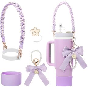 BELSITA Stanley Cup Accessories Set, Bow Pearl Chain Braided Design Water Bottle Handle Strap, Silicone Stanley Cup Boot, Stanley Charms for Stanley Cup 30/40oz Tumble (Apricot)
