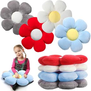 Reginary 4 Pcs Flower Plush Throw Pillows Cute Flower Floor Pillow Daisy Shaped Floor Cushions Aesthetic Flower Seat Cushion Chair Pads for Seating Bed Bedroom Sofa Decor (Gray, Blue, White,15 Inch)
