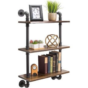 Excello Global Products 3-Tier Rustic Wooden Wall Floating Shelf Display 24"x36" With Iron Pipe For Kitchen, Bedroom, Office