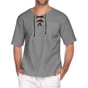 elselect Mens Cotton Linen Shirts Lace Up Short Sleeve T Shirts Casual Beach Hippie Renaissance Shirt V Neck Yoga Tops