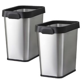 2 Pack Stainless Steel Bathroom Trash Can 3 Gallon, Wide-mouth Open Top Trash Can with Bag Tightening Ring, 10.6" x 7.7", Square Kitchen Metal Garbage Can, Small Silver Trash Can for Home Office