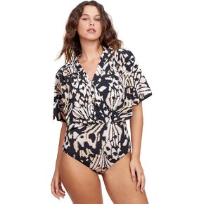 Gottex Women's Modest Printed Blouson with Short Sleeves, One Piece Swimsuit, Brown