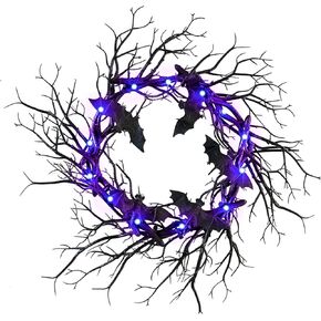 18 Inch Halloween Wreath Black Dead Branch Bat Garland Wreath with LED Lignhts Sparkling Hanging Decorations for Front Door Indoor Outdoor Halloween Party Home Decorations