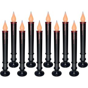 10 Pack Halloween Decor Flameless Taper Candles, Window Candle Lamp with 8-16 Hour Timer Function, Battery Operated Drip Wax Candlesticks for Halloween Horror Party Table Window Decoration-Black