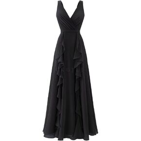 V Neck Chiffon Formal Bridesmaid Dresses for Women Evening Gown Long Ruffles Hem Wedding Party Prom Dresses 2024