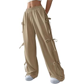 SHENHE Women's Wide Leg Baggy Sweatpants Elastic Waist Tie Bow Pants Loose Long Pants
