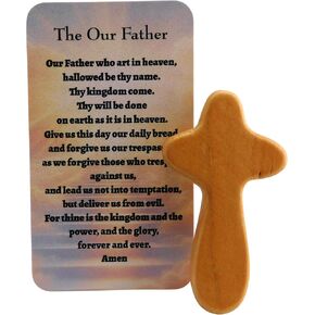 Westmon Works Our Father Handheld Wooden Comfort Cross Gift Set with Hail Mary and Lords Prayer Holy Card