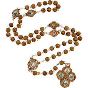 Venerare Olive Wood Rosary | Unique Four Way Cross Crucifix and Medals | Great Catholic Gift for First Holy Communion, Confirmation, and Ordination | Made in Italy in Kuwait