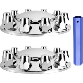 Axle Wheel Covers for Semi Truck - 2 Front and 4 Rear Hub Covers with 33mm Thread-On Chrome Lug Nut Covers for Semi Truck (Installation Tool Included)