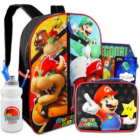 Super Mario Backpack with Lunch Box Set for Kids - Bundle with Mario Backpack, Mario Lunch Bag, Stickers, Water Bottle, More | Super Mario Backpack for Boys 4-6