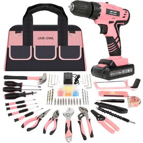 Jar-Owl 21V Pink Drill Set Tool Kit Set Power Drill for Women DIY with Storage Bag Tool Box,350 in-lb Torque, 0-1350RMP Variable Speed, 10MM 3/8'' Keyless Chuck, 1.5Ah Li-Ion Battery for Home Tool Kit