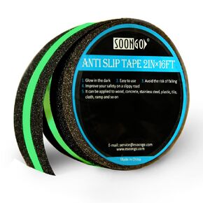 Non Skid Traction Tape Glow in Dark Non-Slip Increase Friction Safety Fluorescent Anti Slip Grip Floor Stair Tread Step Anti-Slip Skid Tool Black 2"Wide and 16’Long Roll by SOONGO
