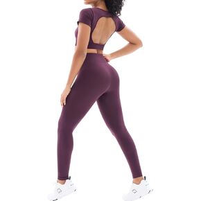 Womens Seamless Workout Sets 2 Piece Open Back Crop Tops High Waist Leggings Yoga Outfits Gym Clothes Sets in Saudi Arabia