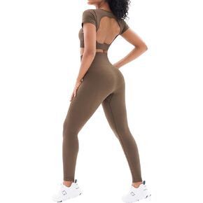 Womens Seamless Workout Sets 2 Piece Open Back Crop Tops High Waist Leggings Yoga Outfits Gym Clothes Sets
