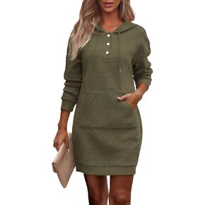PRETTYGARDEN Long Sleeve Hoodies Dress 2024 Fall Trendy Texture Sweatshirts Outfits Button Hooded Dresses With Pockets