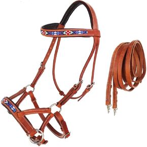 Horse Western Leather Bitless Sidepull Beaded Bridle Reins 77RT24