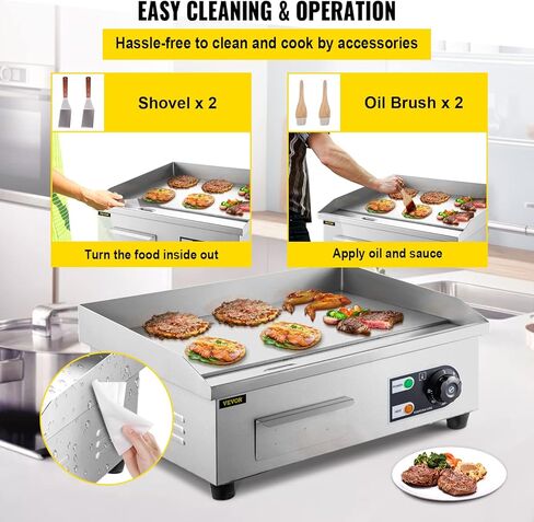 VEVOR 30" Commercial Electric Griddle 3000W Electric Countertop Griddle Non-Stick Restaurant 110V Teppanyaki Flat Top Grill Stainless Steel Adjustable Temperature Control 122°F-572°F (NO PLUG) in Kuwait