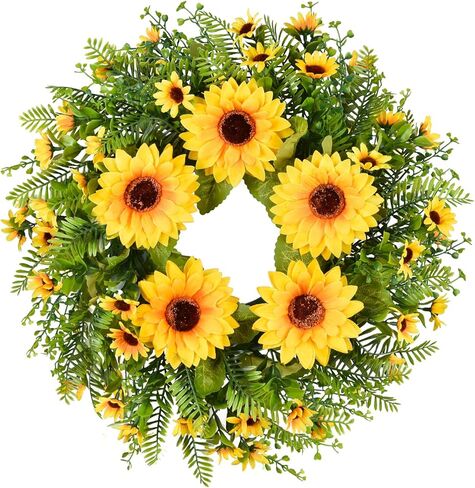إكليل عباد الشمس الاصطناعي من Lvydec - إكليل زهور مزخرف مقاس 15 بوصة مع عباد الشمس الأصفر والأوراق الخضراء لديكور الجدار الداخلي للباب الأمامي in Kuwait