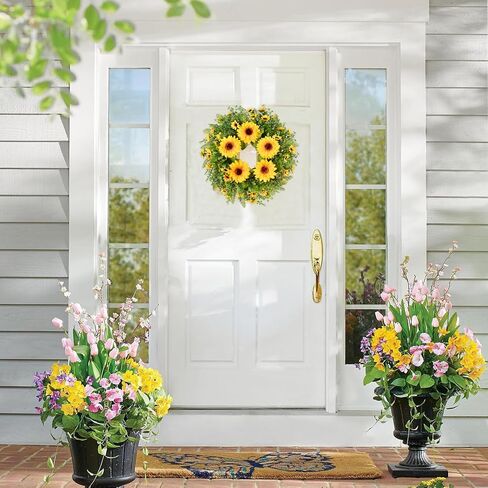 إكليل عباد الشمس الاصطناعي من Lvydec - إكليل زهور مزخرف مقاس 15 بوصة مع عباد الشمس الأصفر والأوراق الخضراء لديكور الجدار الداخلي للباب الأمامي in Kuwait