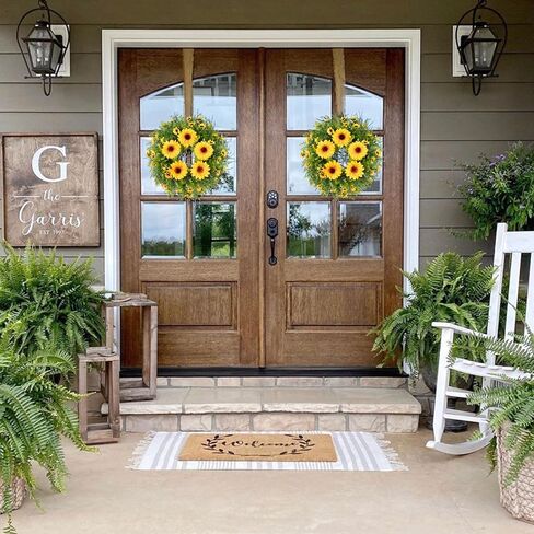 إكليل عباد الشمس الاصطناعي من Lvydec - إكليل زهور مزخرف مقاس 15 بوصة مع عباد الشمس الأصفر والأوراق الخضراء لديكور الجدار الداخلي للباب الأمامي in Kuwait