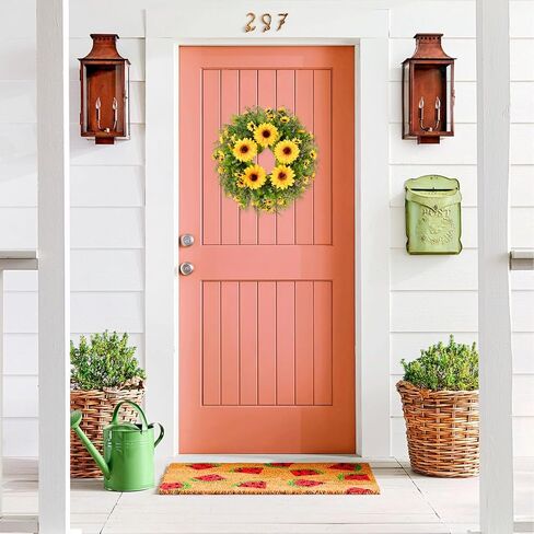 إكليل عباد الشمس الاصطناعي من Lvydec - إكليل زهور مزخرف مقاس 15 بوصة مع عباد الشمس الأصفر والأوراق الخضراء لديكور الجدار الداخلي للباب الأمامي in Kuwait