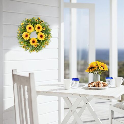 إكليل عباد الشمس الاصطناعي من Lvydec - إكليل زهور مزخرف مقاس 15 بوصة مع عباد الشمس الأصفر والأوراق الخضراء لديكور الجدار الداخلي للباب الأمامي in Kuwait