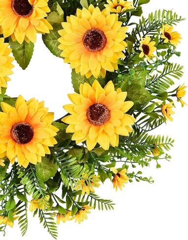 إكليل عباد الشمس الاصطناعي من Lvydec - إكليل زهور مزخرف مقاس 15 بوصة مع عباد الشمس الأصفر والأوراق الخضراء لديكور الجدار الداخلي للباب الأمامي in Kuwait