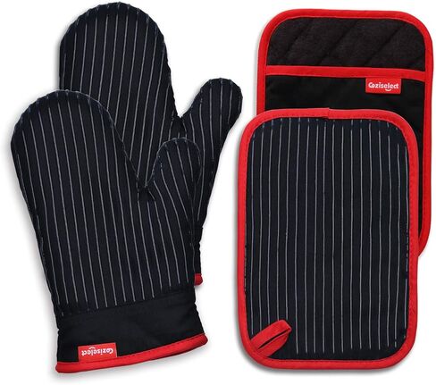 Oven Mitts and Pot Holders Set, Heat Resistant Oven Mitts Gloves Set Hot Pads for Kitchen Cooking Grill, Pure Cotton and Terrycloth Lining, Heavy Duty Thick Gloves Black, 4-Piece Set, by Coziselect in Saudi Arabia