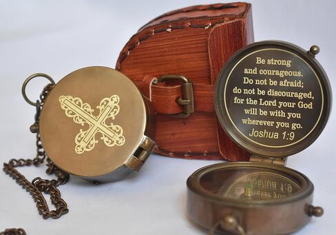 Be Strong and Courageous Do Not Be Afraid Antique Nautical Vintage Directional Magnetic Compass with Famous Scripture Quote Engraved Baptism Gifts with Leather Case for Loved Ones, Son, Father, Love, in Saudi Arabia