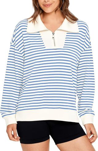 Glamaker Womens Striped Quarter Zip Sweatshirt Casual Long Sleeve Lapel Pullover Tops Fall Outfit Trendy Fashion Clothes in Kuwait