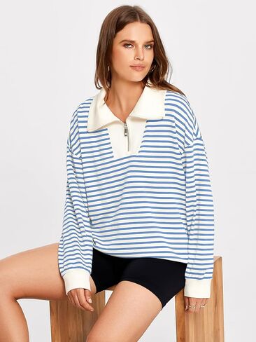 Glamaker Womens Striped Quarter Zip Sweatshirt Casual Long Sleeve Lapel Pullover Tops Fall Outfit Trendy Fashion Clothes in Kuwait