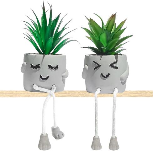 2 pcs Small Artificial Succulent Plants in Cement Pot with Hanging Legs, Mini Fake Plants Potted Succulents with Emotional Cement Pots, Faux Succulent for Home Decor, Office, Bathroom, Shelf in Saudi Arabia