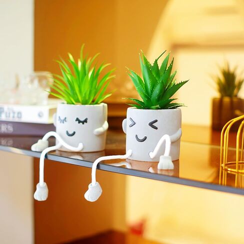 2 pcs Small Artificial Succulent Plants in Cement Pot with Hanging Legs, Mini Fake Plants Potted Succulents with Emotional Cement Pots, Faux Succulent for Home Decor, Office, Bathroom, Shelf in Saudi Arabia