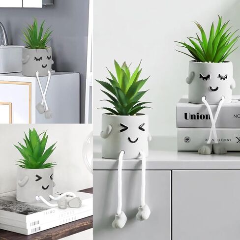 2 pcs Small Artificial Succulent Plants in Cement Pot with Hanging Legs, Mini Fake Plants Potted Succulents with Emotional Cement Pots, Faux Succulent for Home Decor, Office, Bathroom, Shelf in Saudi Arabia