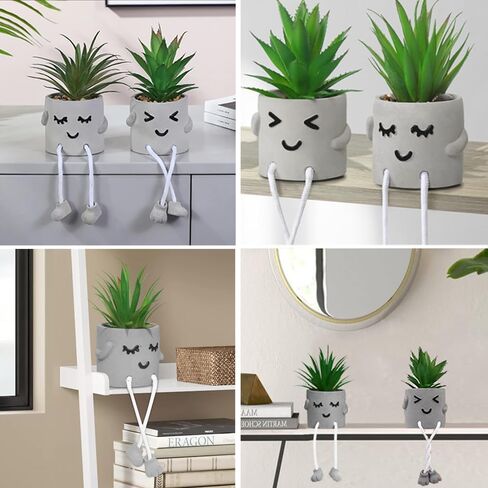 2 pcs Small Artificial Succulent Plants in Cement Pot with Hanging Legs, Mini Fake Plants Potted Succulents with Emotional Cement Pots, Faux Succulent for Home Decor, Office, Bathroom, Shelf in Saudi Arabia