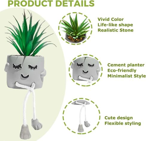 2 pcs Small Artificial Succulent Plants in Cement Pot with Hanging Legs, Mini Fake Plants Potted Succulents with Emotional Cement Pots, Faux Succulent for Home Decor, Office, Bathroom, Shelf in Saudi Arabia