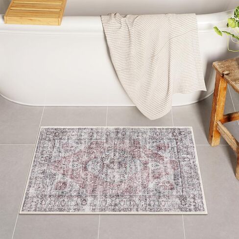 Uphome Boho Bathroom Rugs, Distressed Farmhouse Khaki Bath Mat, Comfy Velvet Small Bath Rugs Non Slip Washable, Vintage Oriental Toilet Rug for Sink Shower Vanity, 18x26 inch in Saudi Arabia