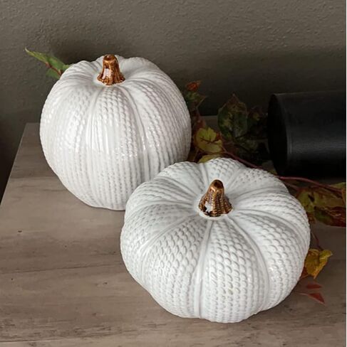One Holiday Way Elegant Set of 2 Decorative Ceramic Knit White Faux Pumpkin Figurines - Rustic Fall Tabletop Decorations - Autumn Country Farmhouse Harvest Home Decor in Saudi Arabia